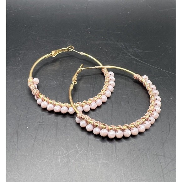 Earrings Gold Pink Hoops Western Beaded Boho Braided Hinge Back - Picture 1 of 6